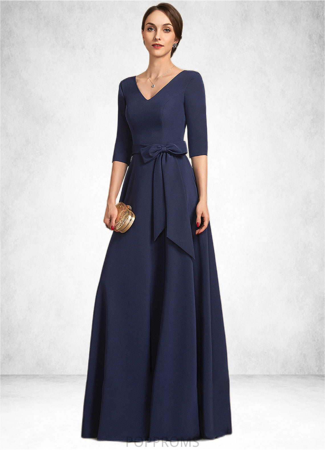 Heidy A-Line V-neck Floor-Length Stretch Crepe Mother of the Bride Dress With Bow(s) PP6126P0014831