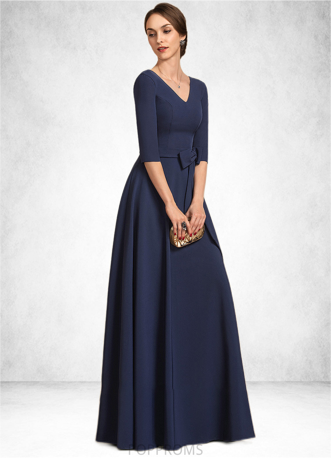 Heidy A-Line V-neck Floor-Length Stretch Crepe Mother of the Bride Dress With Bow(s) PP6126P0014831