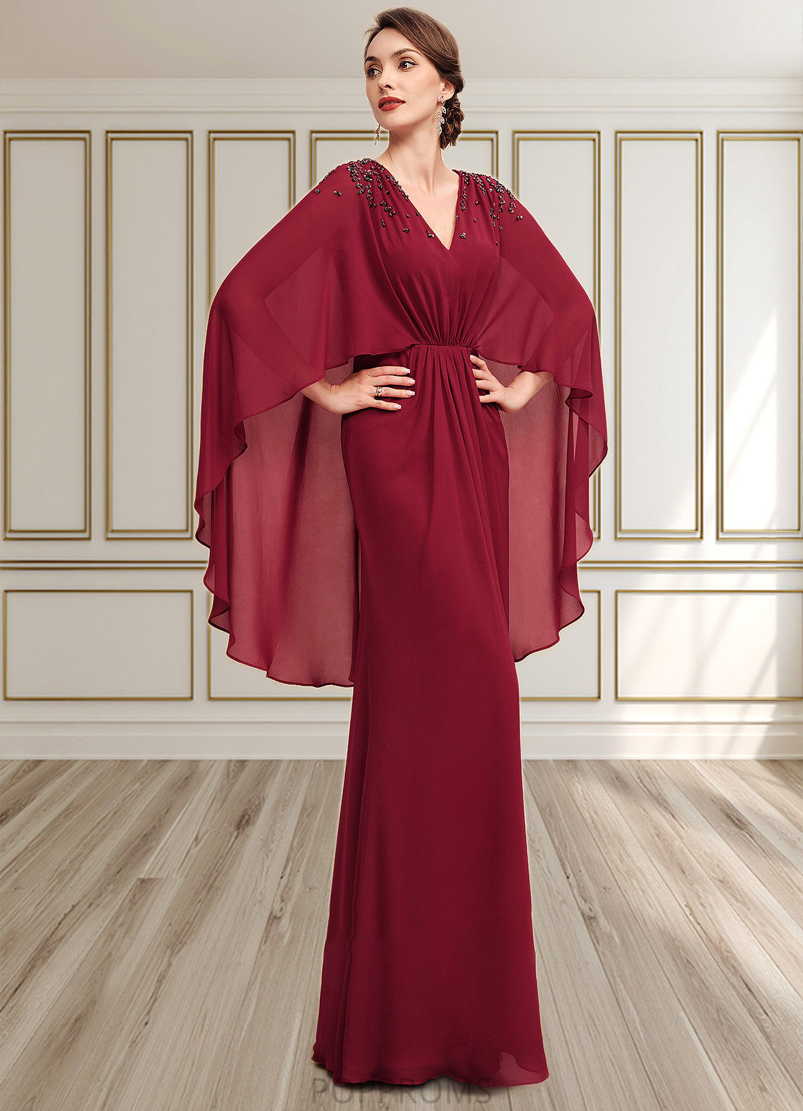 Seraphina A-Line V-neck Floor-Length Chiffon Mother of the Bride Dress With Ruffle Beading Sequins PP6126P0014833