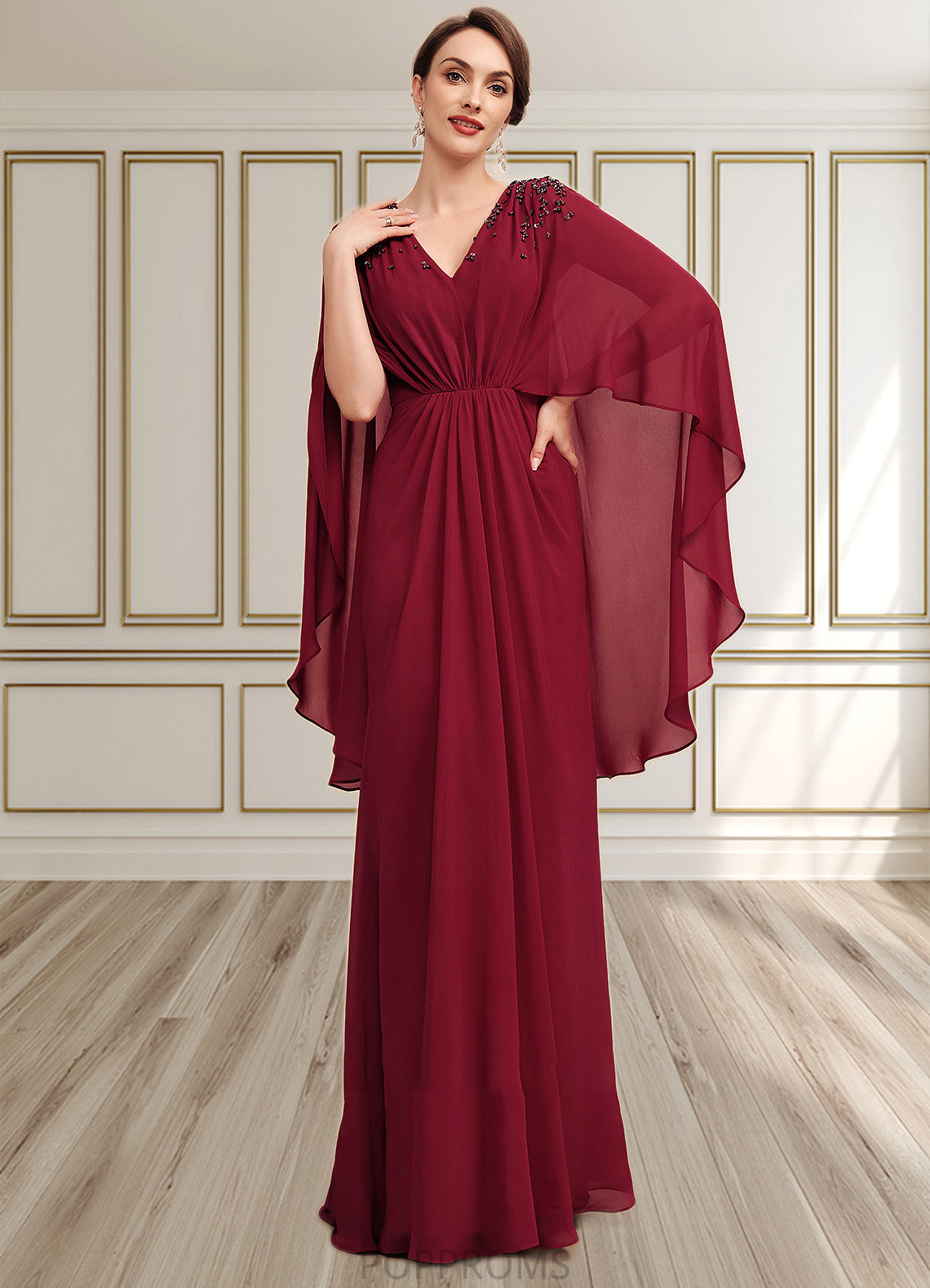 Seraphina A-Line V-neck Floor-Length Chiffon Mother of the Bride Dress With Ruffle Beading Sequins PP6126P0014833