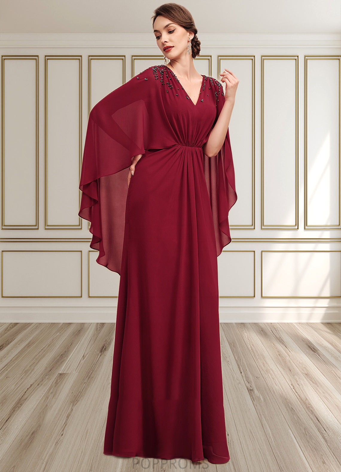 Seraphina A-Line V-neck Floor-Length Chiffon Mother of the Bride Dress With Ruffle Beading Sequins PP6126P0014833