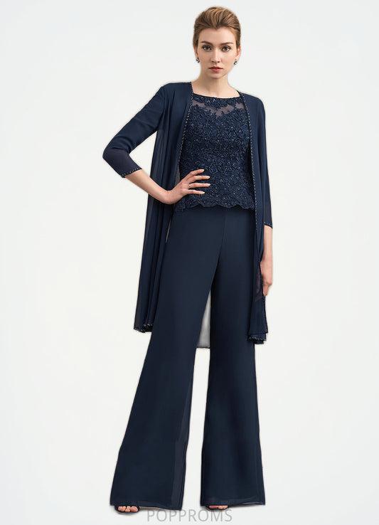 Adriana Jumpsuit/Pantsuit Scoop Neck Floor-Length Chiffon Lace Mother of the Bride Dress With Beading PP6126P0014836