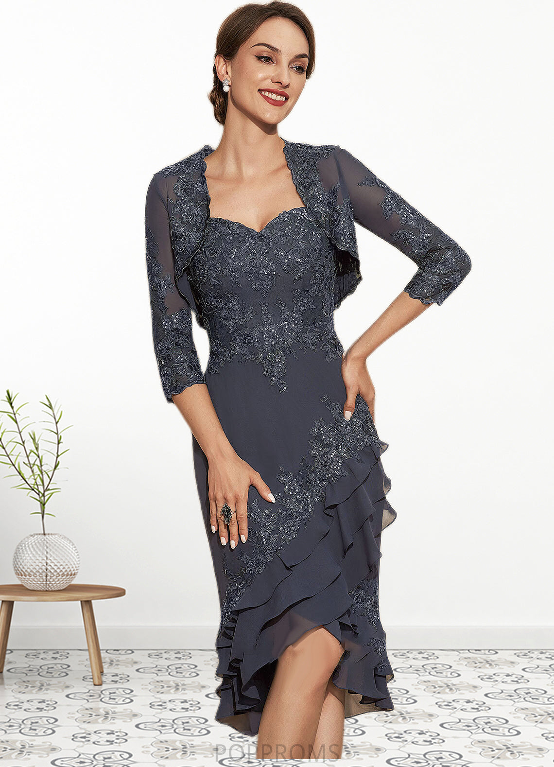 Lesley Sheath/Column Sweetheart Asymmetrical Chiffon Lace Mother of the Bride Dress With Sequins Cascading Ruffles PP6126P0014837