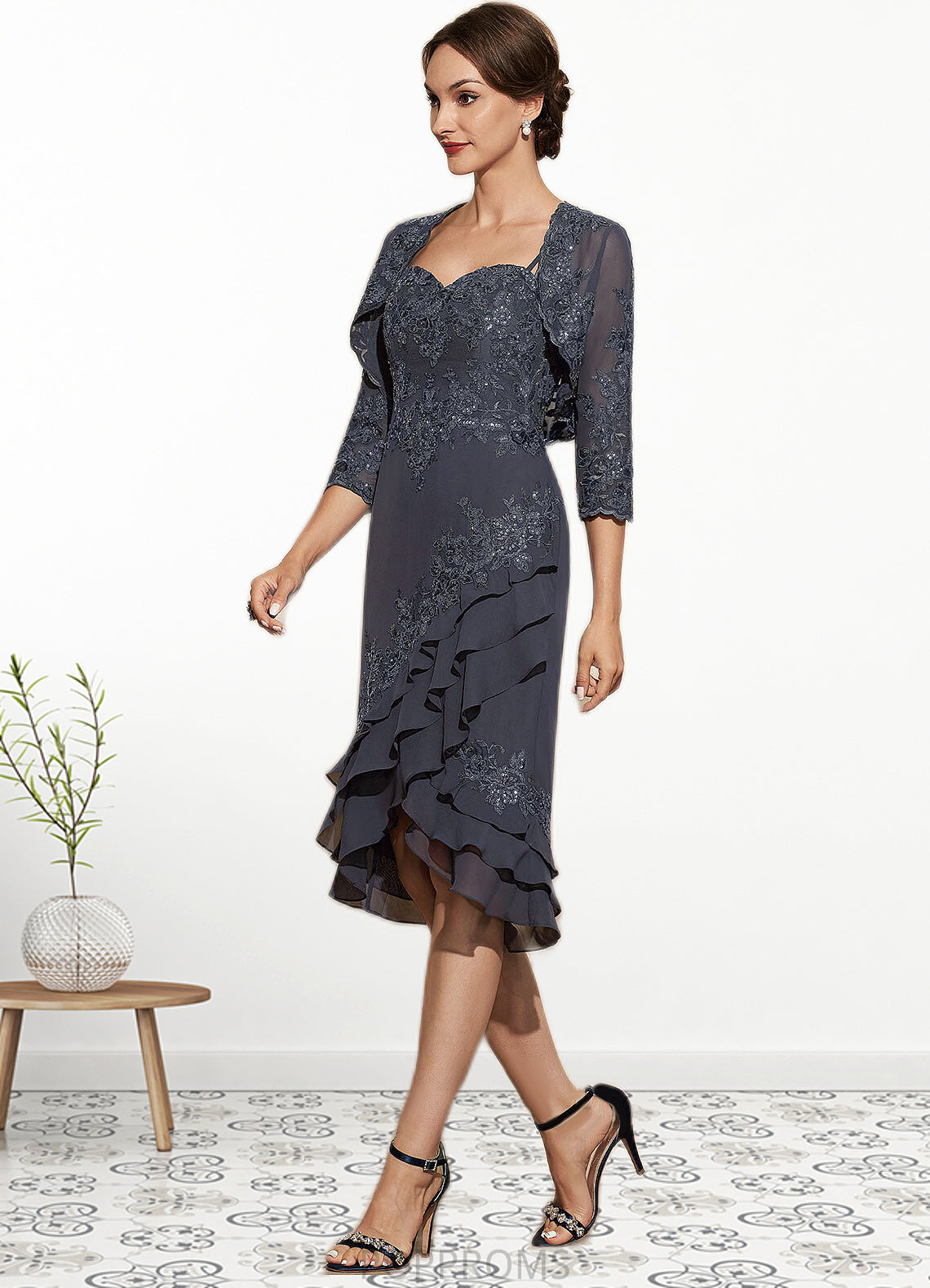 Lesley Sheath/Column Sweetheart Asymmetrical Chiffon Lace Mother of the Bride Dress With Sequins Cascading Ruffles PP6126P0014837