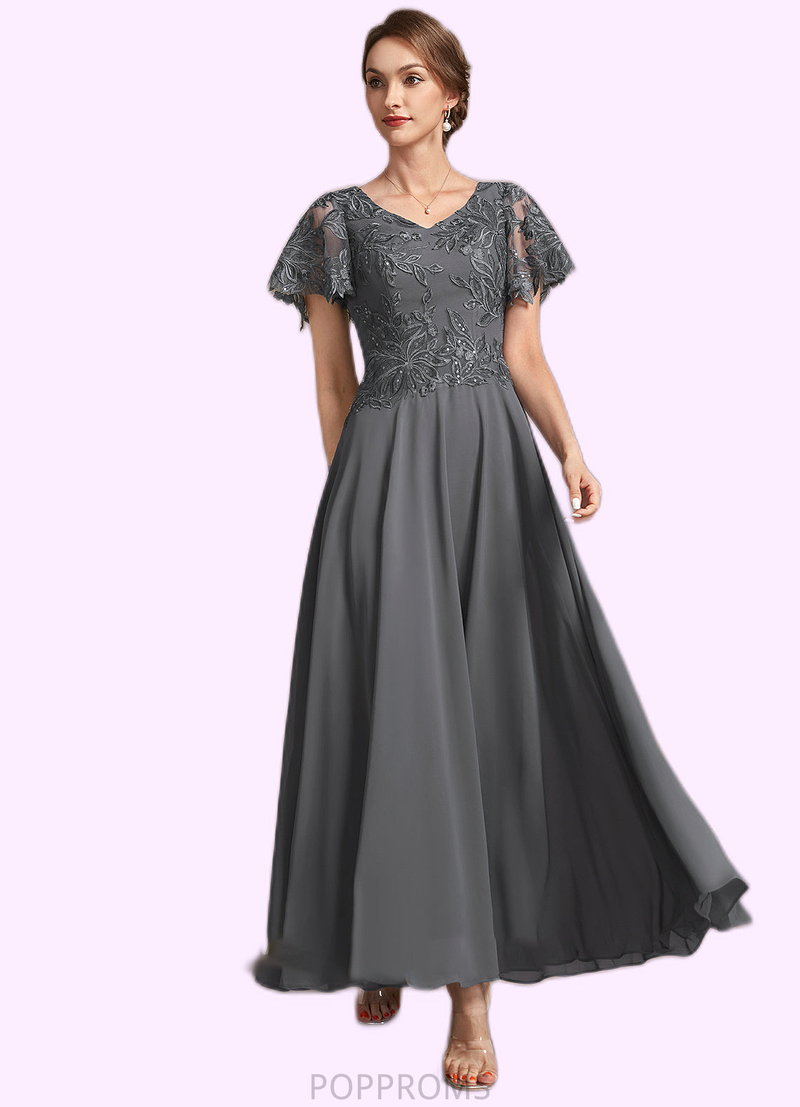 Savannah A-Line V-neck Ankle-Length Chiffon Lace Mother of the Bride Dress With Sequins PP6126P0014838