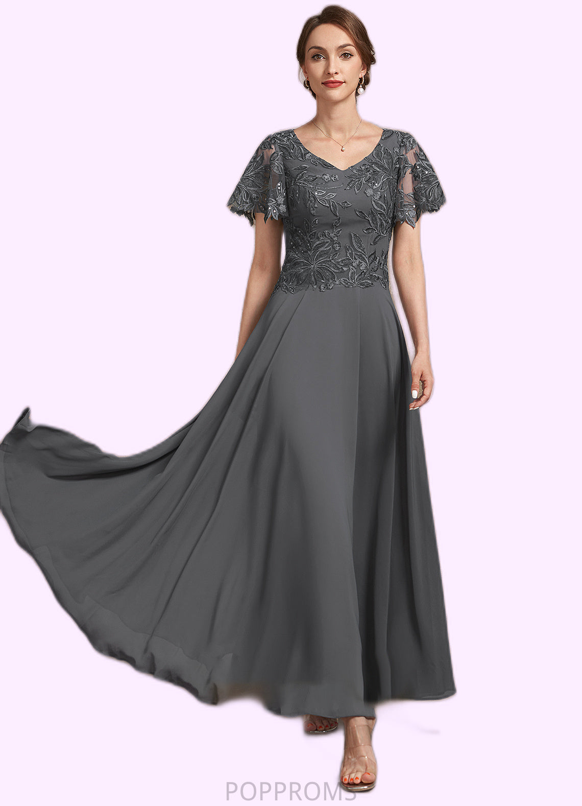 Savannah A-Line V-neck Ankle-Length Chiffon Lace Mother of the Bride Dress With Sequins PP6126P0014838