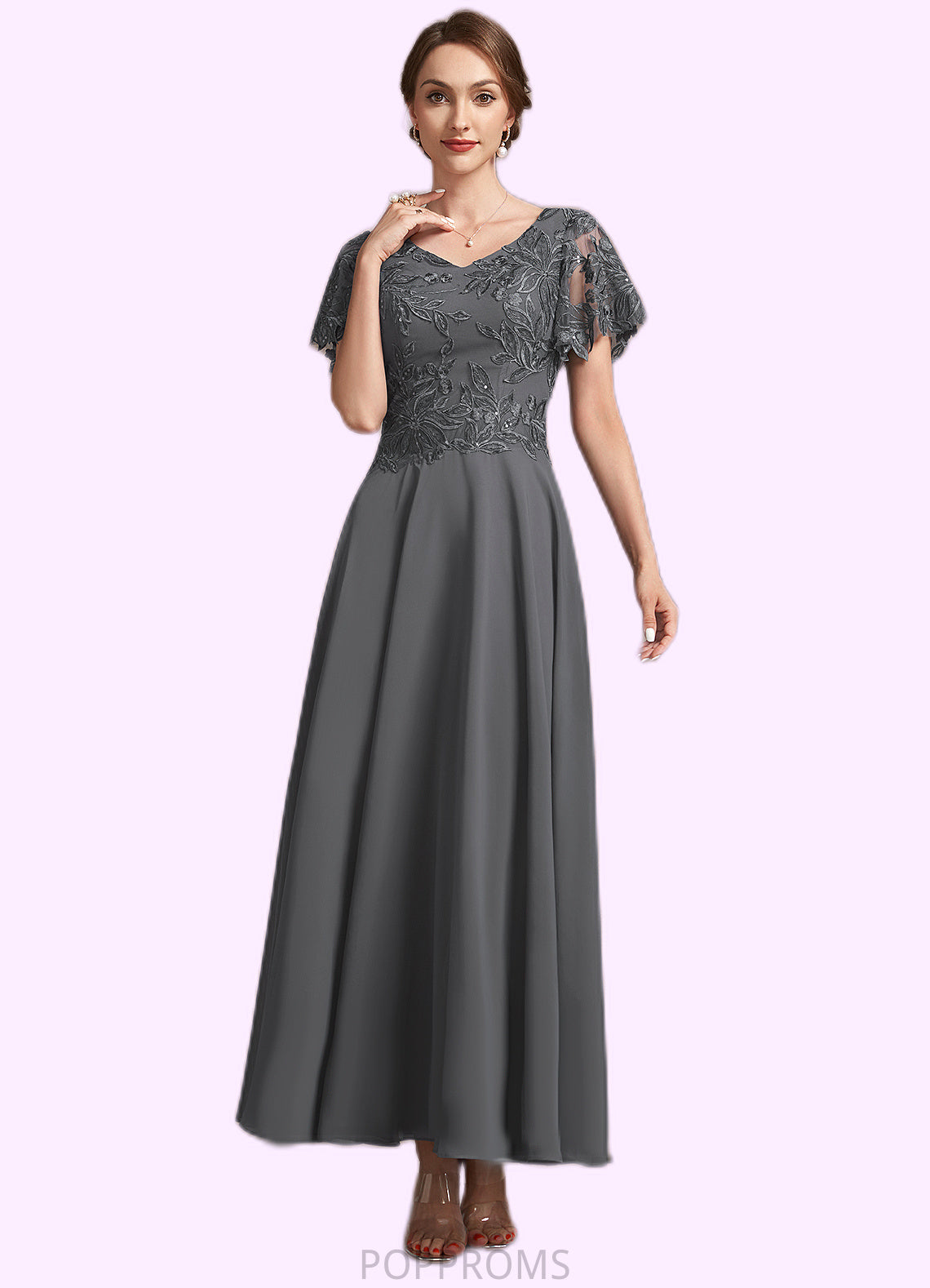 Savannah A-Line V-neck Ankle-Length Chiffon Lace Mother of the Bride Dress With Sequins PP6126P0014838