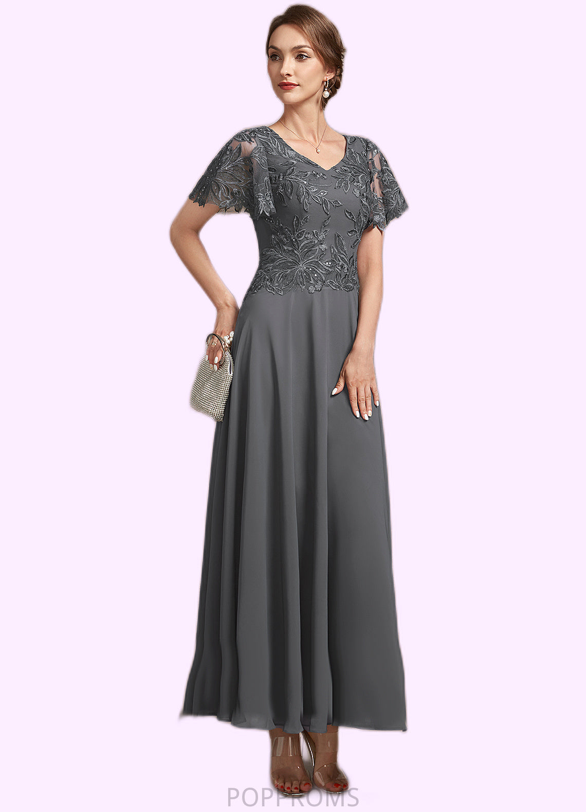 Savannah A-Line V-neck Ankle-Length Chiffon Lace Mother of the Bride Dress With Sequins PP6126P0014838