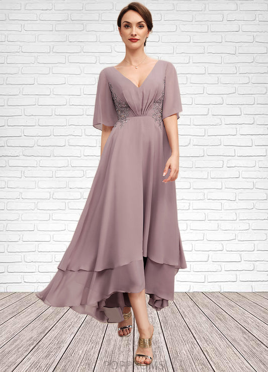 Leah A-Line V-neck Asymmetrical Chiffon Mother of the Bride Dress With Ruffle Lace Beading PP6126P0014839