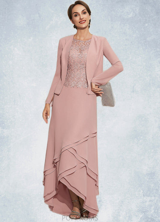 Ciara A-Line Scoop Neck Asymmetrical Chiffon Lace Mother of the Bride Dress With Cascading Ruffles PP6126P0014845