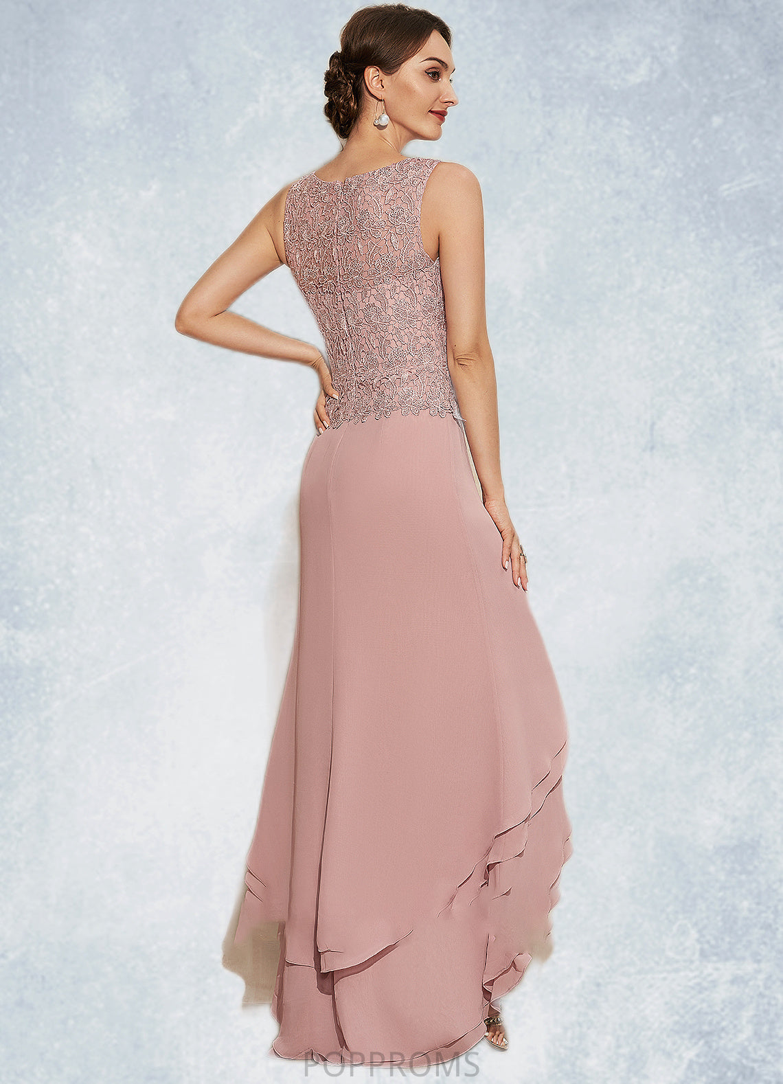 Ciara A-Line Scoop Neck Asymmetrical Chiffon Lace Mother of the Bride Dress With Cascading Ruffles PP6126P0014845