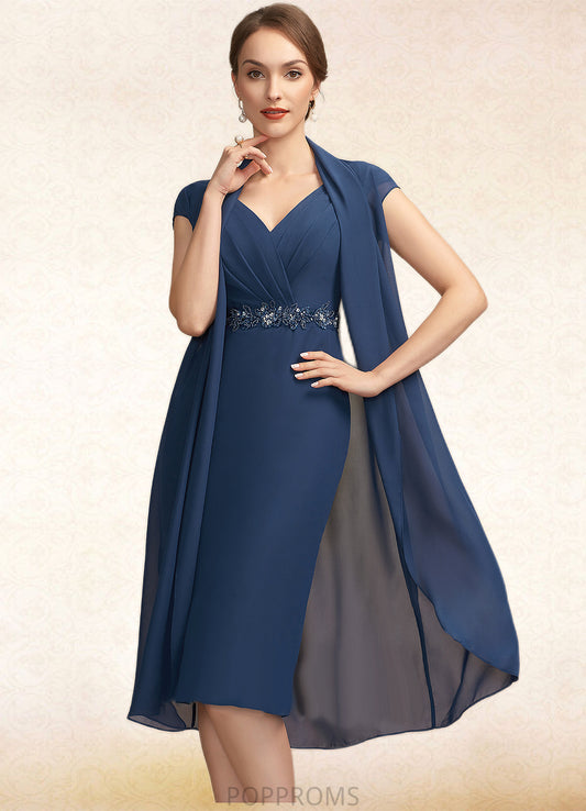 Nathalia Sheath/Column V-neck Knee-Length Chiffon Mother of the Bride Dress With Ruffle Beading Sequins PP6126P0014847