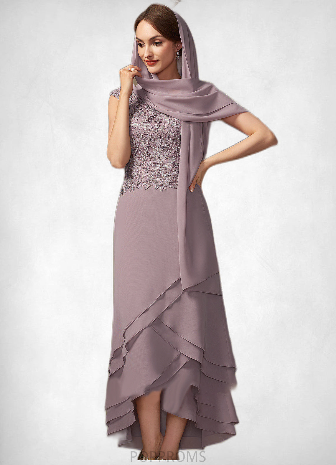 Nora A-Line Scoop Neck Asymmetrical Chiffon Lace Mother of the Bride Dress With Cascading Ruffles PP6126P0014850