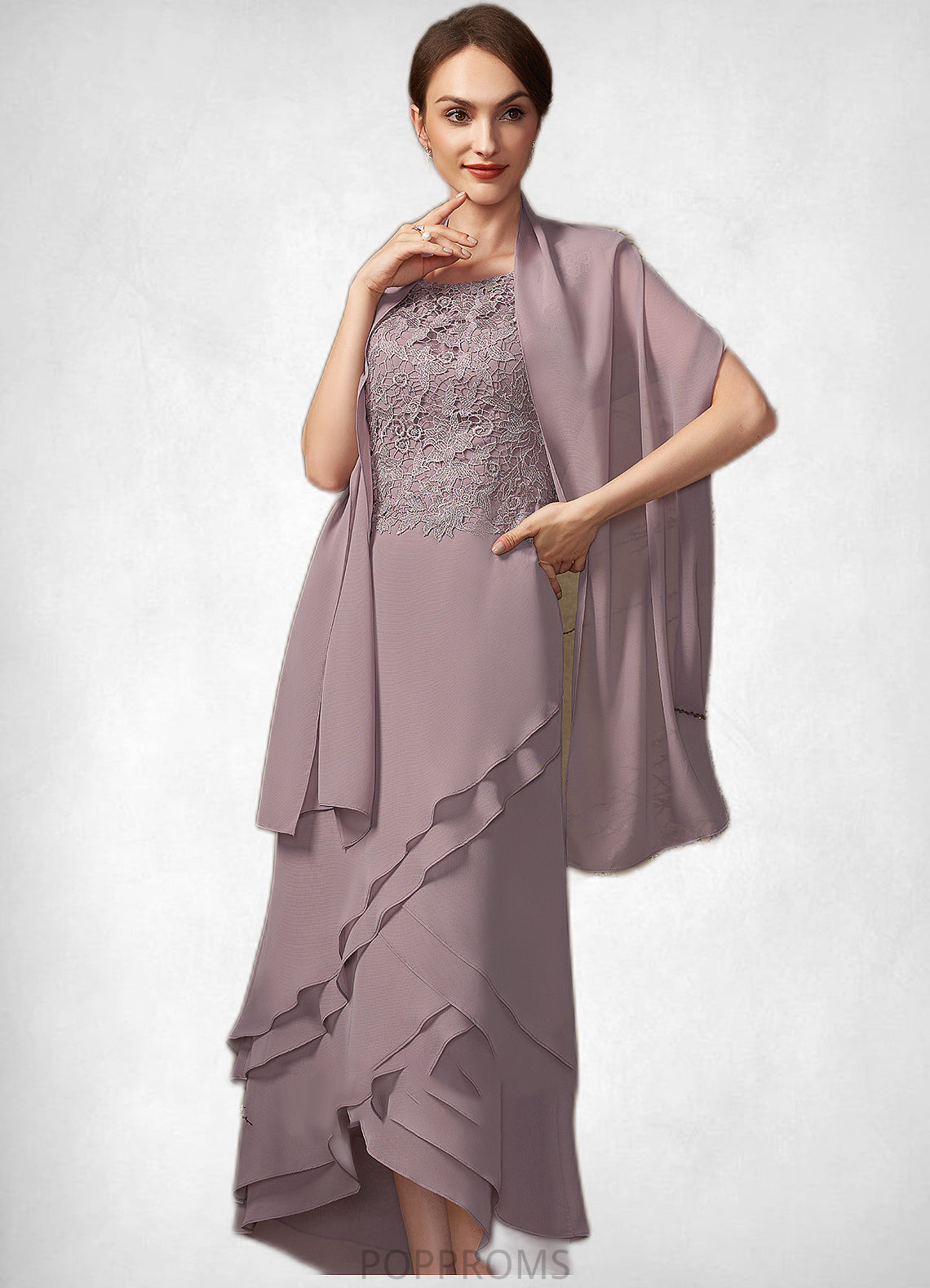 Nora A-Line Scoop Neck Asymmetrical Chiffon Lace Mother of the Bride Dress With Cascading Ruffles PP6126P0014850