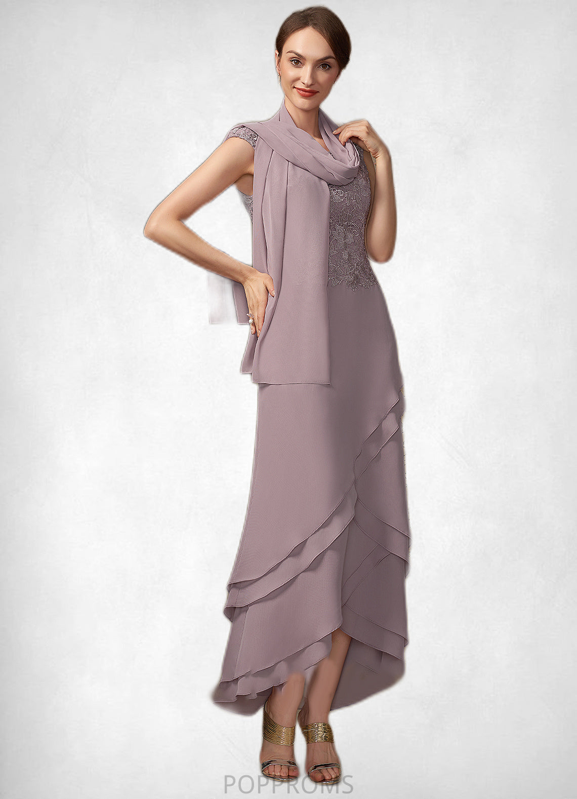 Nora A-Line Scoop Neck Asymmetrical Chiffon Lace Mother of the Bride Dress With Cascading Ruffles PP6126P0014850