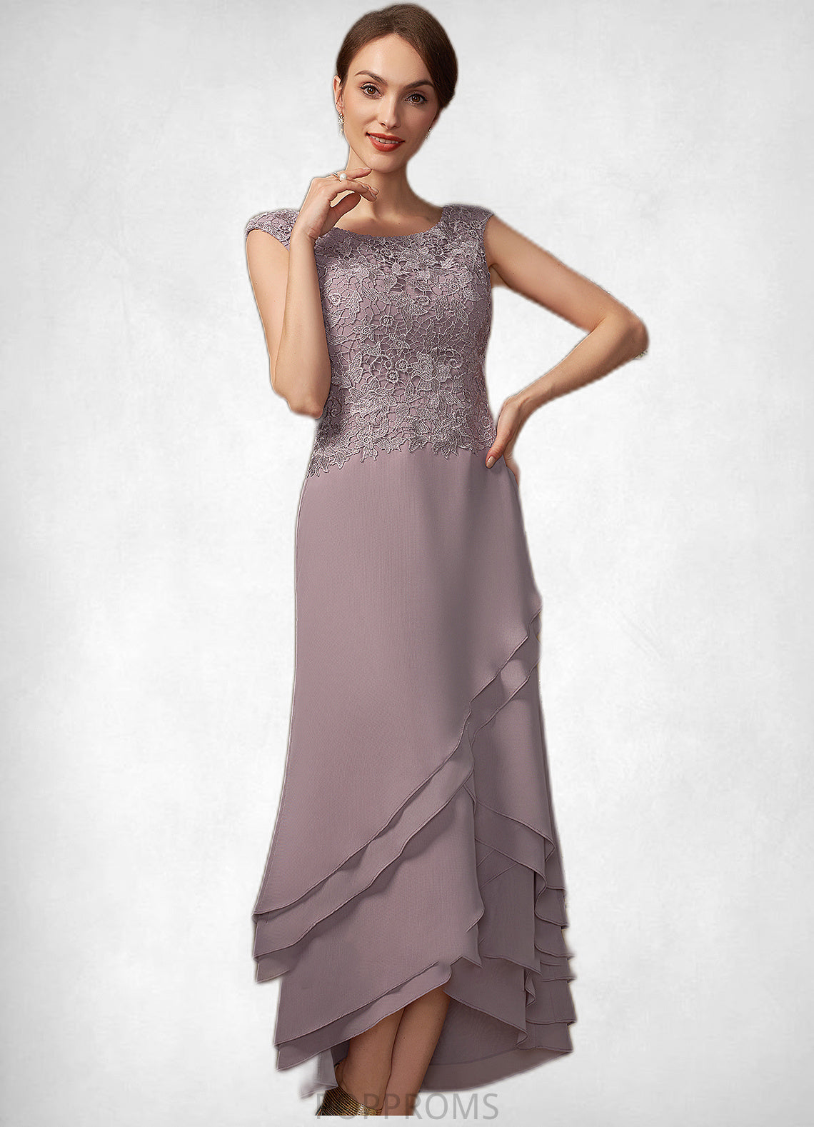 Nora A-Line Scoop Neck Asymmetrical Chiffon Lace Mother of the Bride Dress With Cascading Ruffles PP6126P0014850