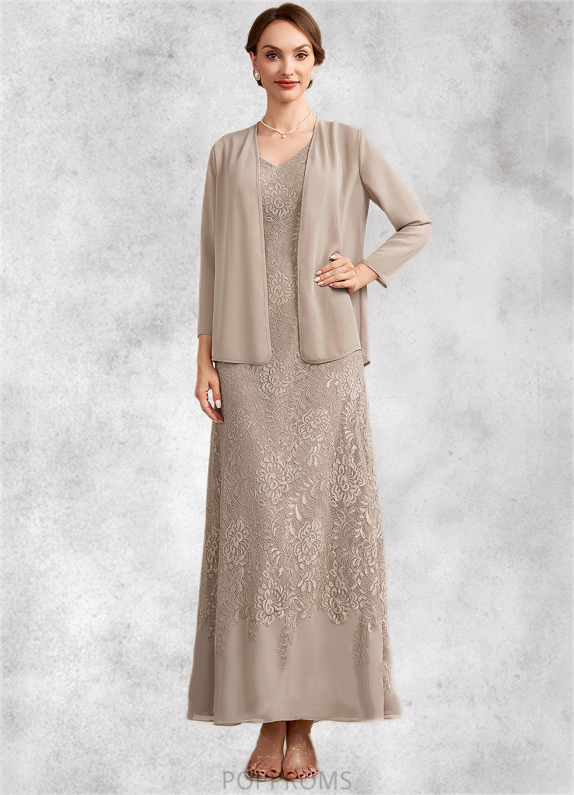 Lillian A-Line V-neck Ankle-Length Chiffon Lace Mother of the Bride Dress PP6126P0014851