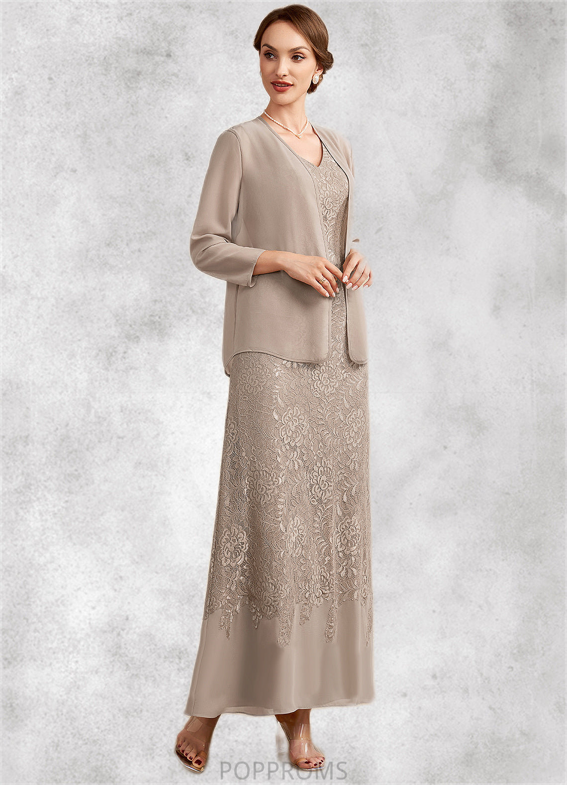 Lillian A-Line V-neck Ankle-Length Chiffon Lace Mother of the Bride Dress PP6126P0014851