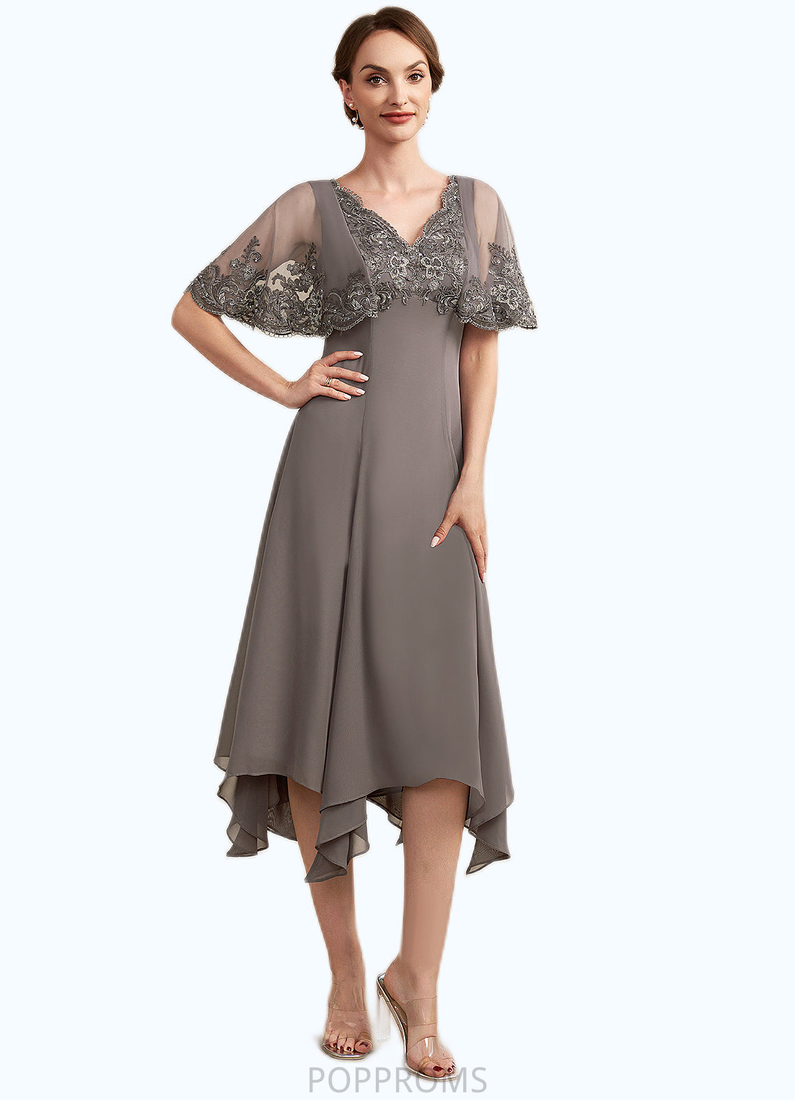 Riley A-Line V-neck Tea-Length Chiffon Lace Mother of the Bride Dress With Beading Sequins PP6126P0014852