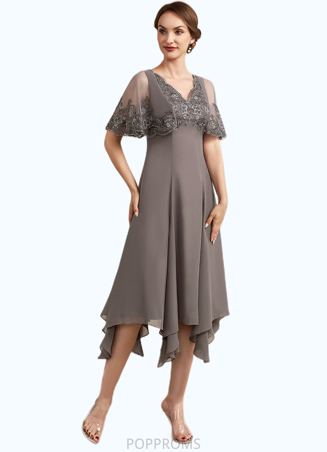 Riley A-Line V-neck Tea-Length Chiffon Lace Mother of the Bride Dress With Beading Sequins PP6126P0014852