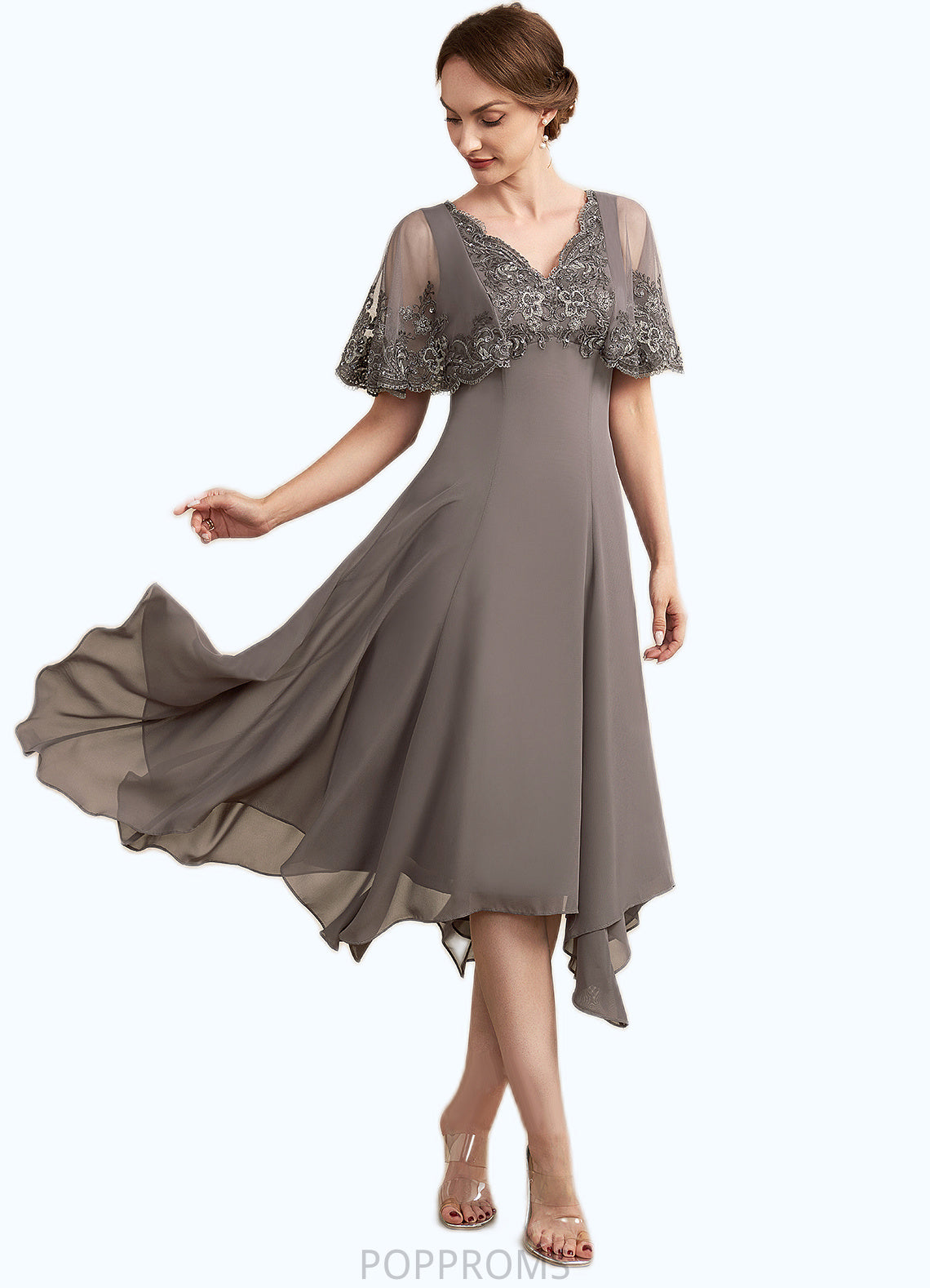 Riley A-Line V-neck Tea-Length Chiffon Lace Mother of the Bride Dress With Beading Sequins PP6126P0014852