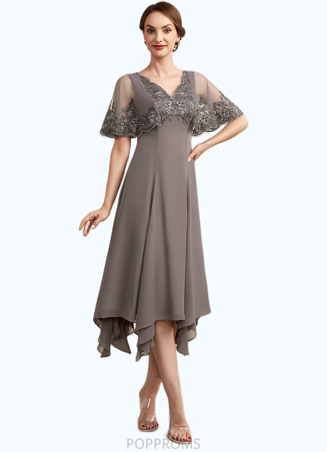 Riley A-Line V-neck Tea-Length Chiffon Lace Mother of the Bride Dress With Beading Sequins PP6126P0014852