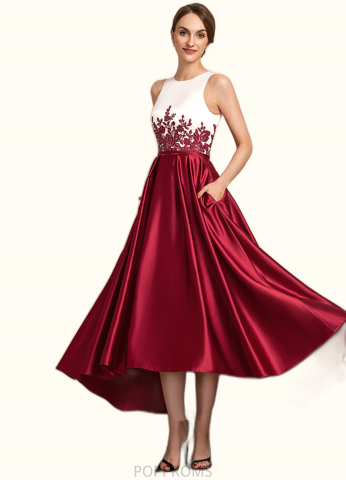 Destinee A-Line Scoop Neck Asymmetrical Satin Lace Mother of the Bride Dress With Ruffle Sequins Pockets PP6126P0014853