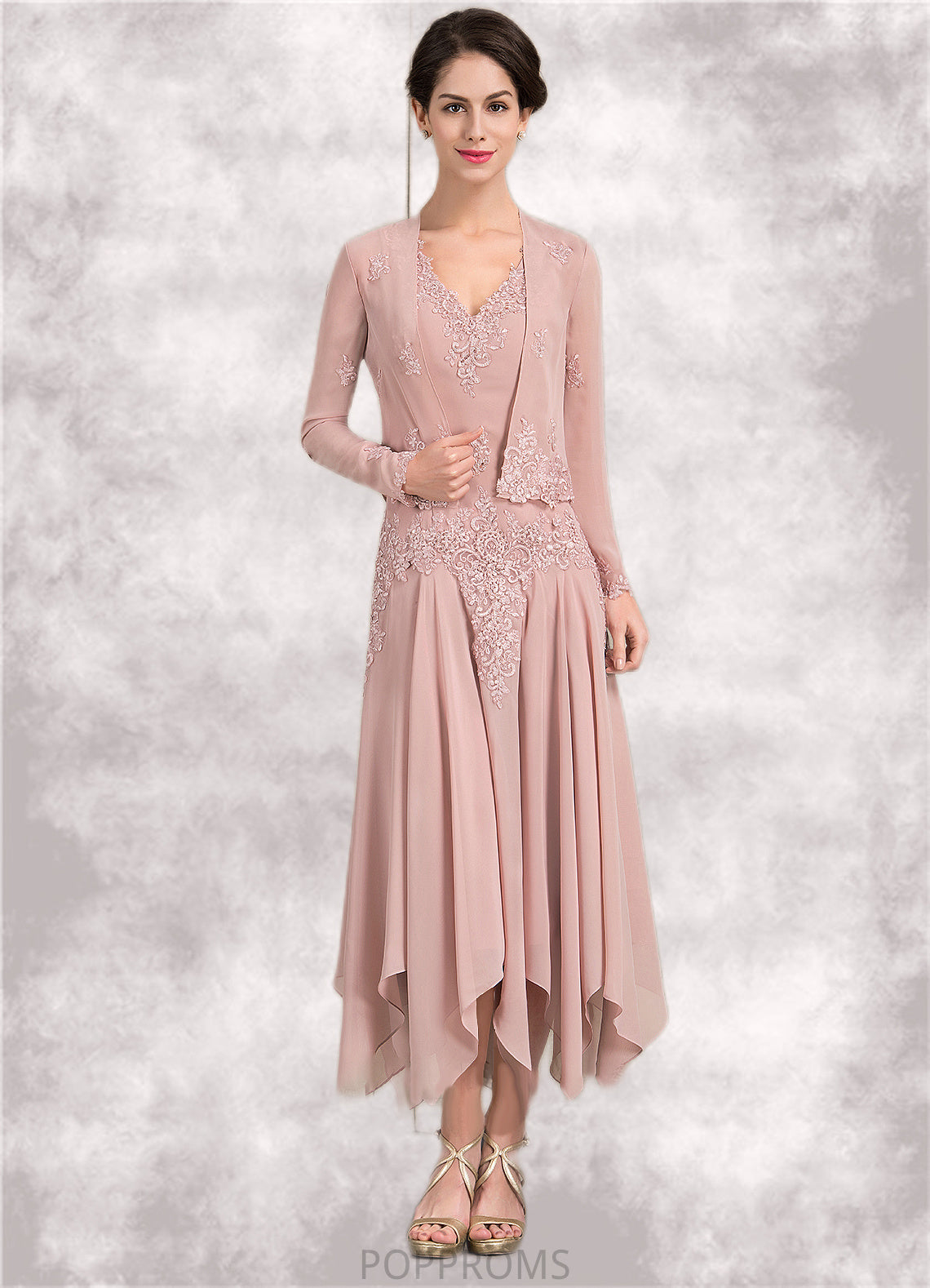 Ruby A-Line V-neck Ankle-Length Chiffon Mother of the Bride Dress With Appliques Lace Sequins PP6126P0014855