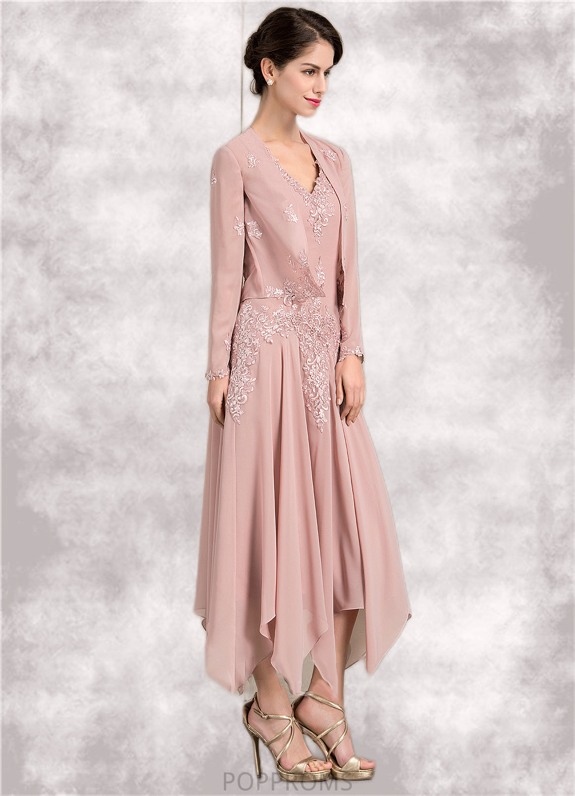 Ruby A-Line V-neck Ankle-Length Chiffon Mother of the Bride Dress With Appliques Lace Sequins PP6126P0014855