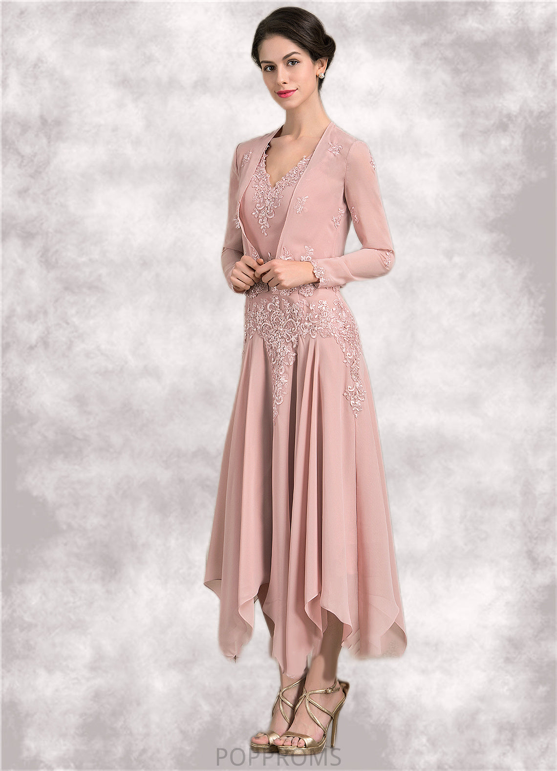 Ruby A-Line V-neck Ankle-Length Chiffon Mother of the Bride Dress With Appliques Lace Sequins PP6126P0014855