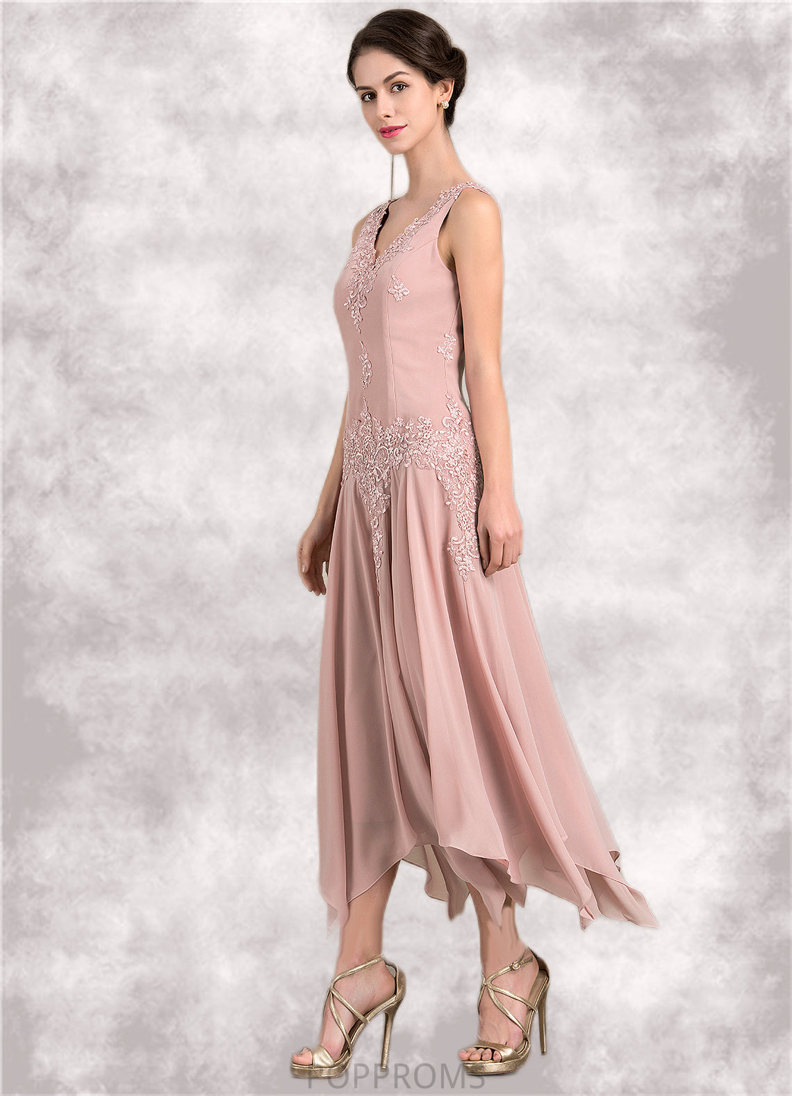 Ruby A-Line V-neck Ankle-Length Chiffon Mother of the Bride Dress With Appliques Lace Sequins PP6126P0014855