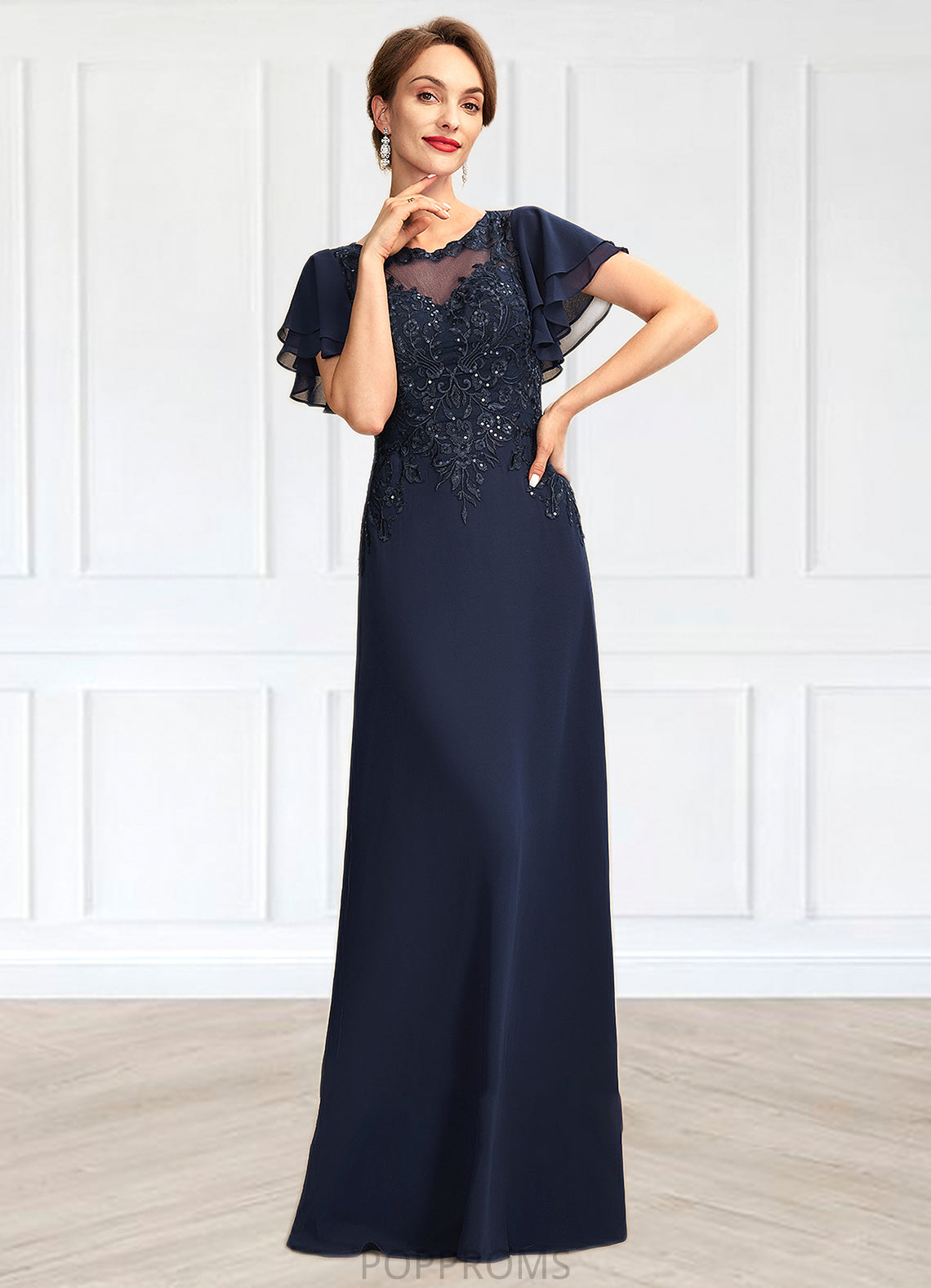 Melody A-Line Scoop Neck Floor-Length Chiffon Lace Mother of the Bride Dress With Sequins PP6126P0014857