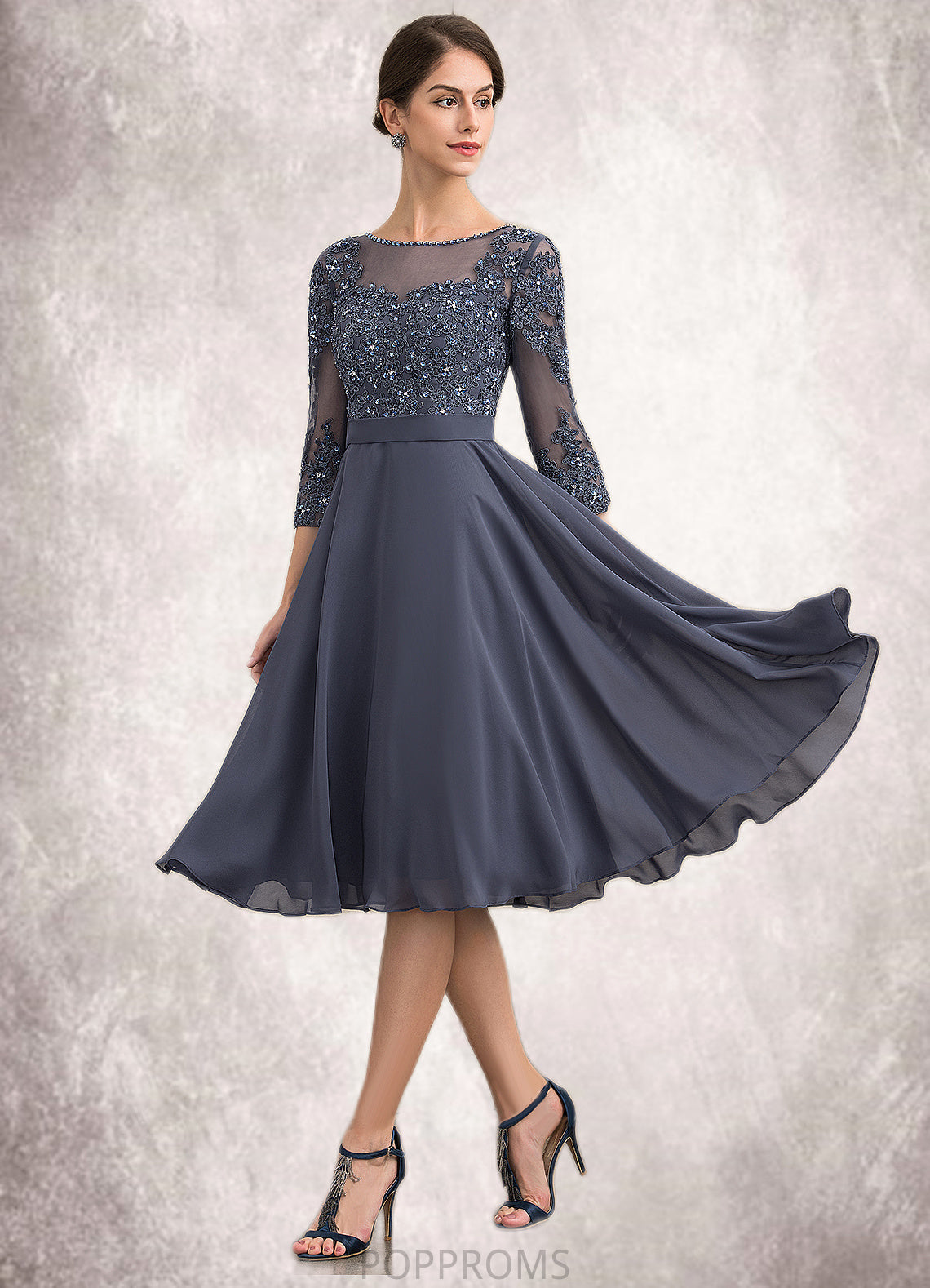 Cecelia A-Line Scoop Neck Knee-Length Chiffon Lace Mother of the Bride Dress With Beading Sequins PP6126P0014861