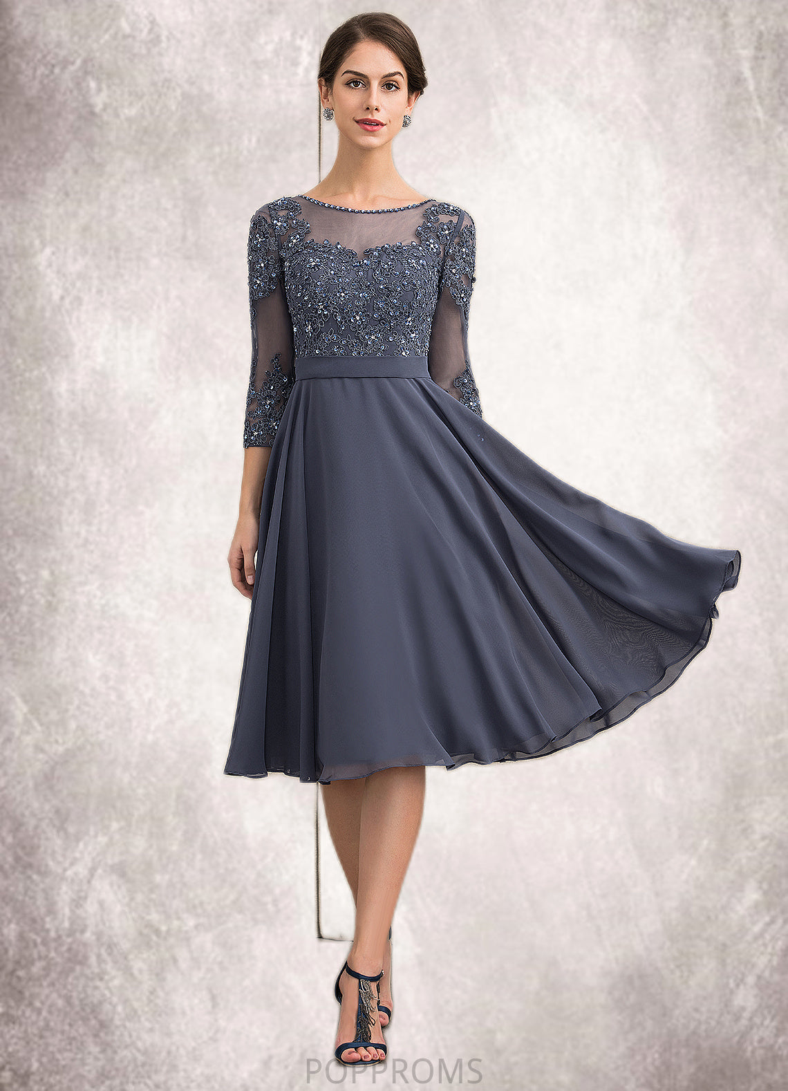 Cecelia A-Line Scoop Neck Knee-Length Chiffon Lace Mother of the Bride Dress With Beading Sequins PP6126P0014861