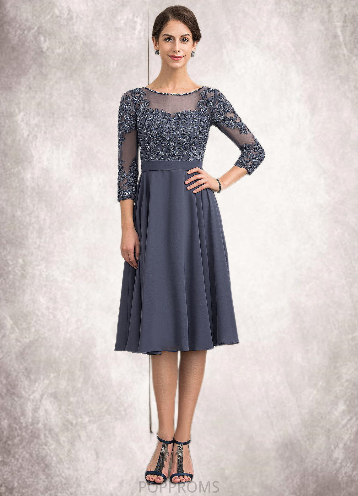 Cecelia A-Line Scoop Neck Knee-Length Chiffon Lace Mother of the Bride Dress With Beading Sequins PP6126P0014861