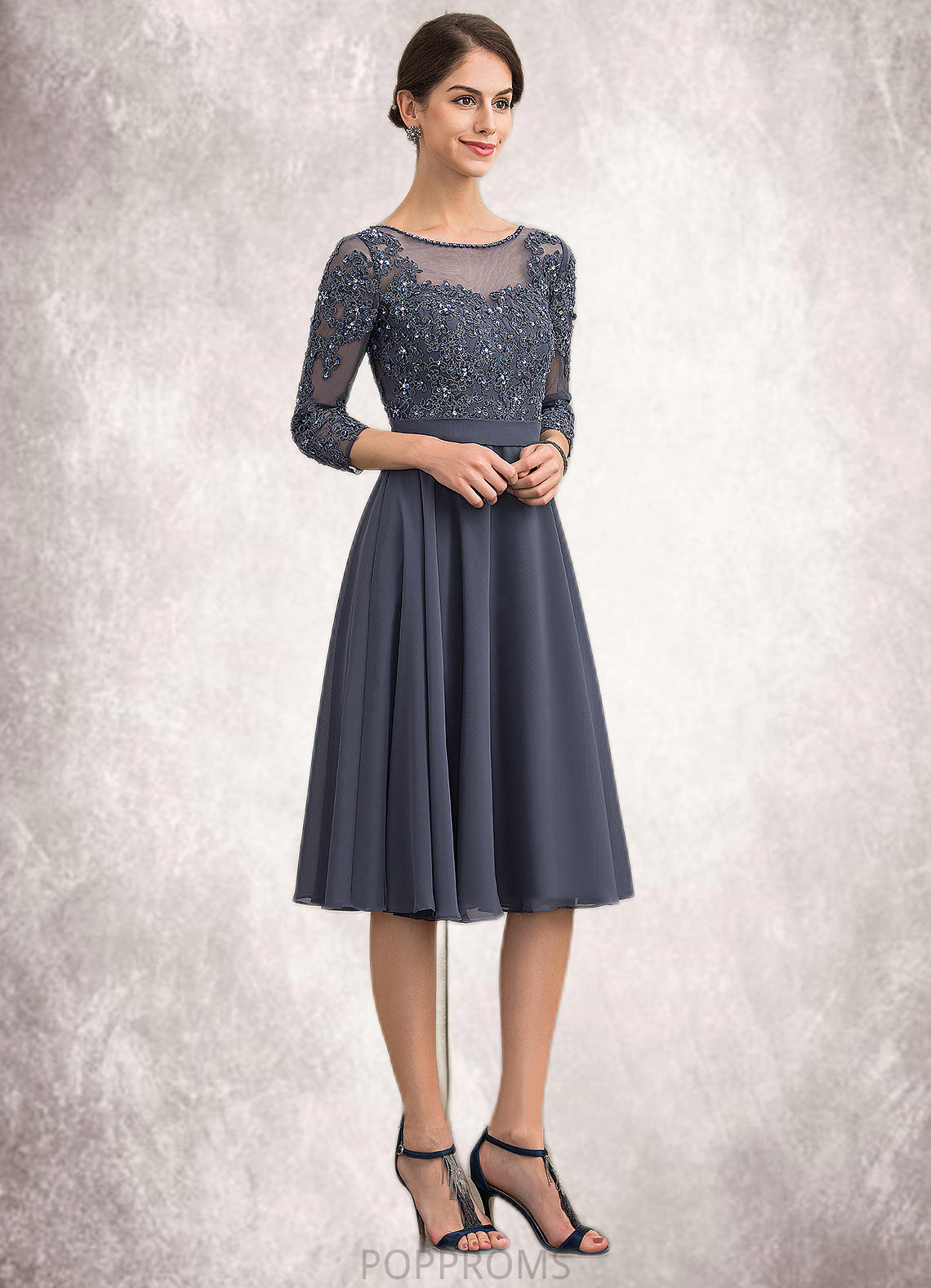 Cecelia A-Line Scoop Neck Knee-Length Chiffon Lace Mother of the Bride Dress With Beading Sequins PP6126P0014861