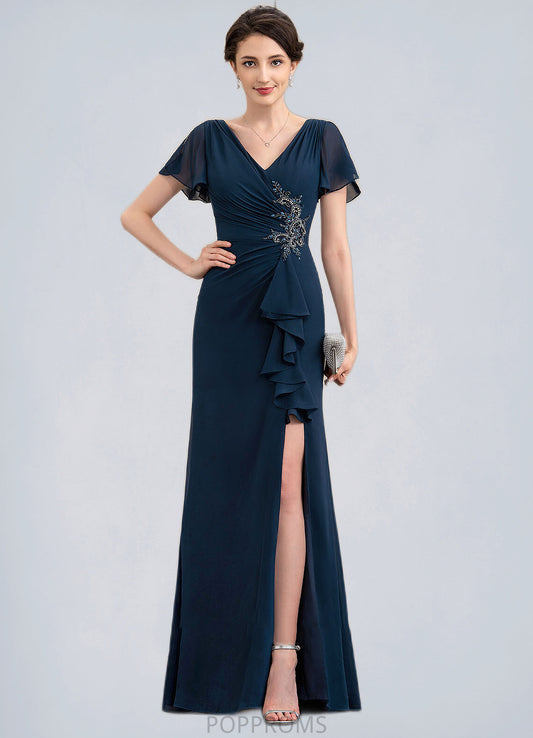 Amelie Sheath/Column V-neck Floor-Length Chiffon Mother of the Bride Dress With Beading Split Front Cascading Ruffles PP6126P0014868