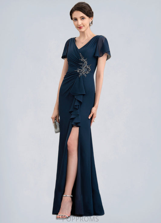 Amelie Sheath/Column V-neck Floor-Length Chiffon Mother of the Bride Dress With Beading Split Front Cascading Ruffles PP6126P0014868