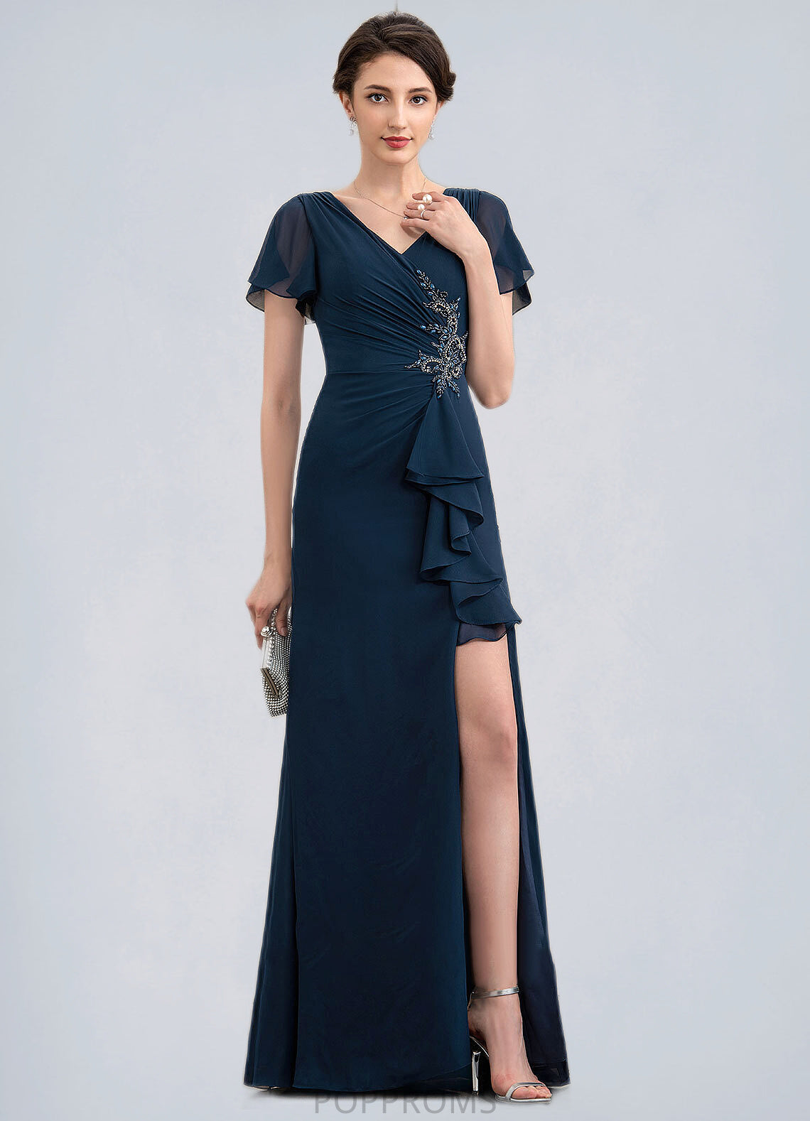 Amelie Sheath/Column V-neck Floor-Length Chiffon Mother of the Bride Dress With Beading Split Front Cascading Ruffles PP6126P0014868