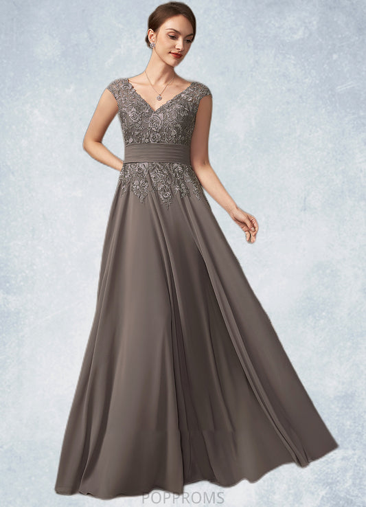 Yasmine A-Line V-neck Floor-Length Chiffon Lace Mother of the Bride Dress With Ruffle Sequins PP6126P0014870