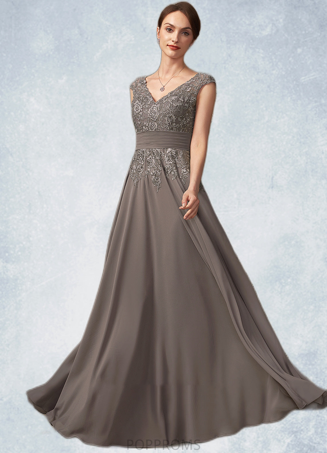 Yasmine A-Line V-neck Floor-Length Chiffon Lace Mother of the Bride Dress With Ruffle Sequins PP6126P0014870