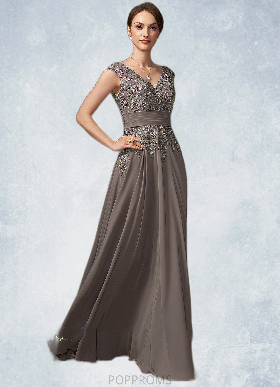 Yasmine A-Line V-neck Floor-Length Chiffon Lace Mother of the Bride Dress With Ruffle Sequins PP6126P0014870