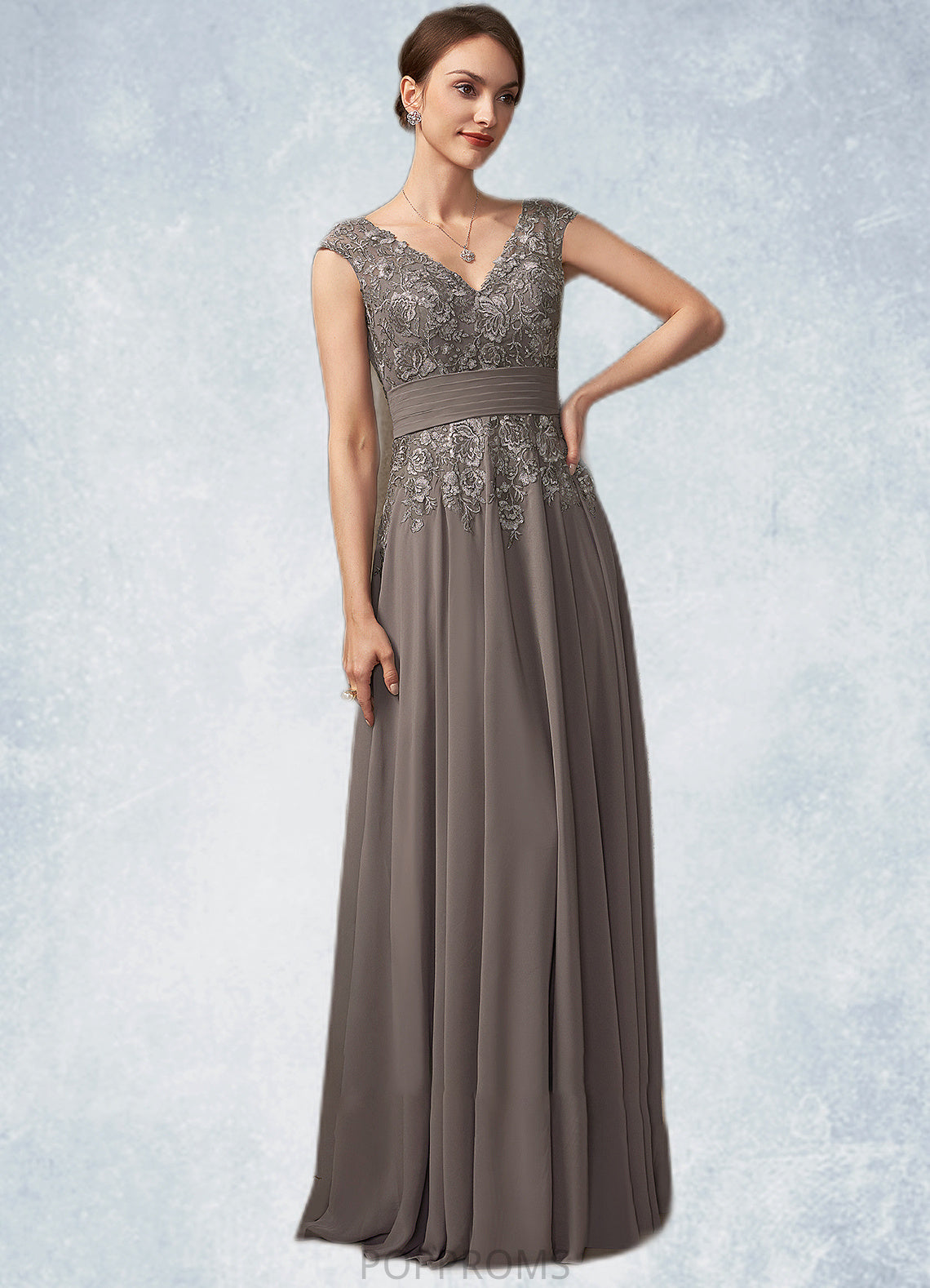 Yasmine A-Line V-neck Floor-Length Chiffon Lace Mother of the Bride Dress With Ruffle Sequins PP6126P0014870