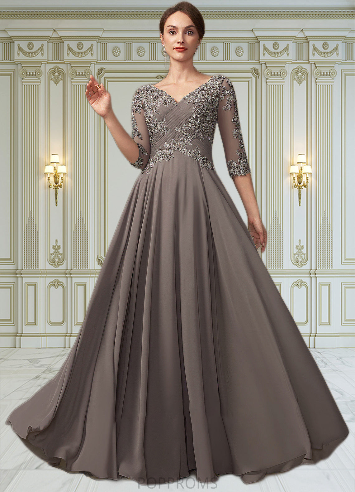 Eliza A-Line V-neck Floor-Length Chiffon Lace Mother of the Bride Dress With Beading Sequins PP6126P0014876