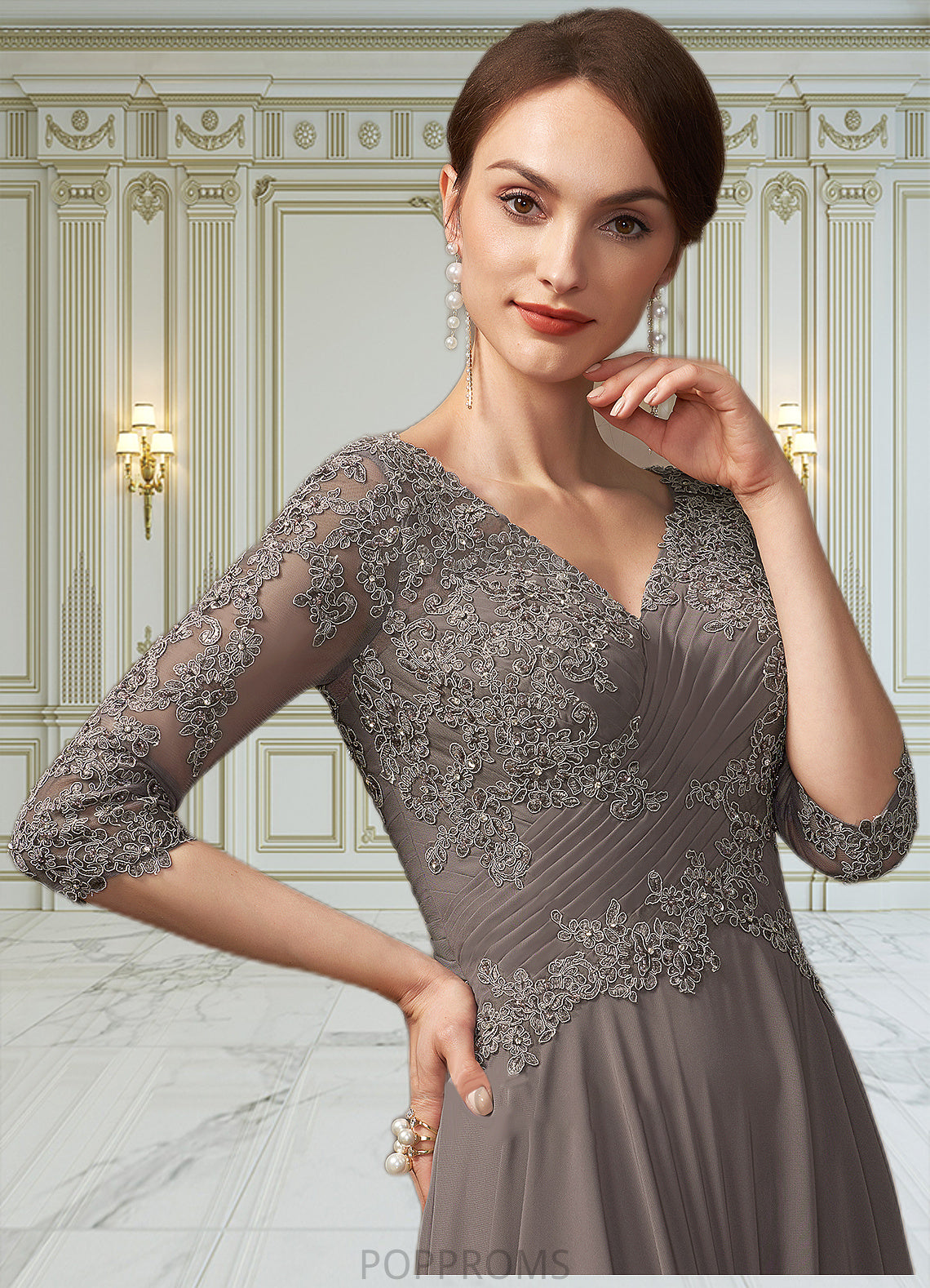 Eliza A-Line V-neck Floor-Length Chiffon Lace Mother of the Bride Dress With Beading Sequins PP6126P0014876