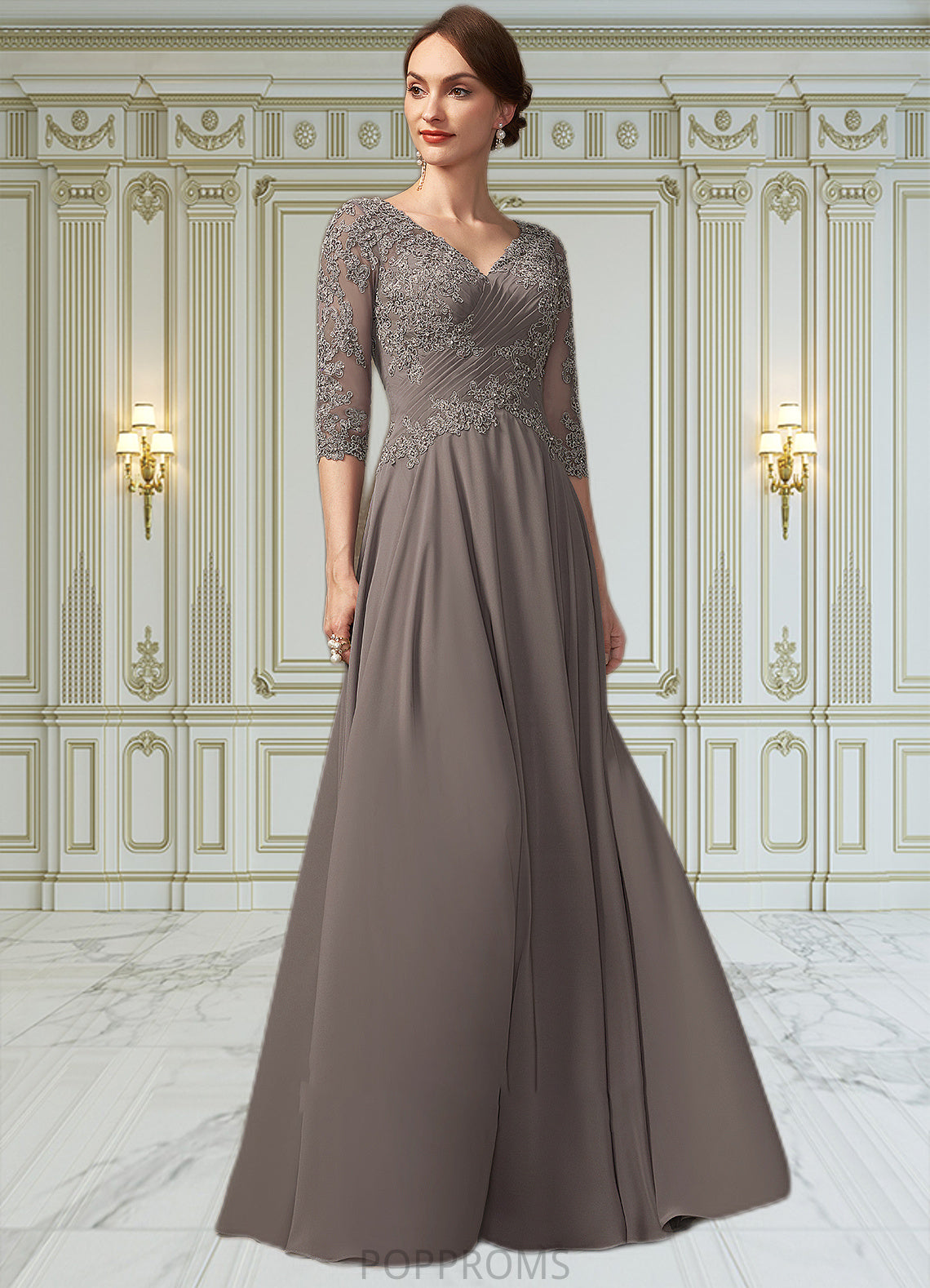 Eliza A-Line V-neck Floor-Length Chiffon Lace Mother of the Bride Dress With Beading Sequins PP6126P0014876