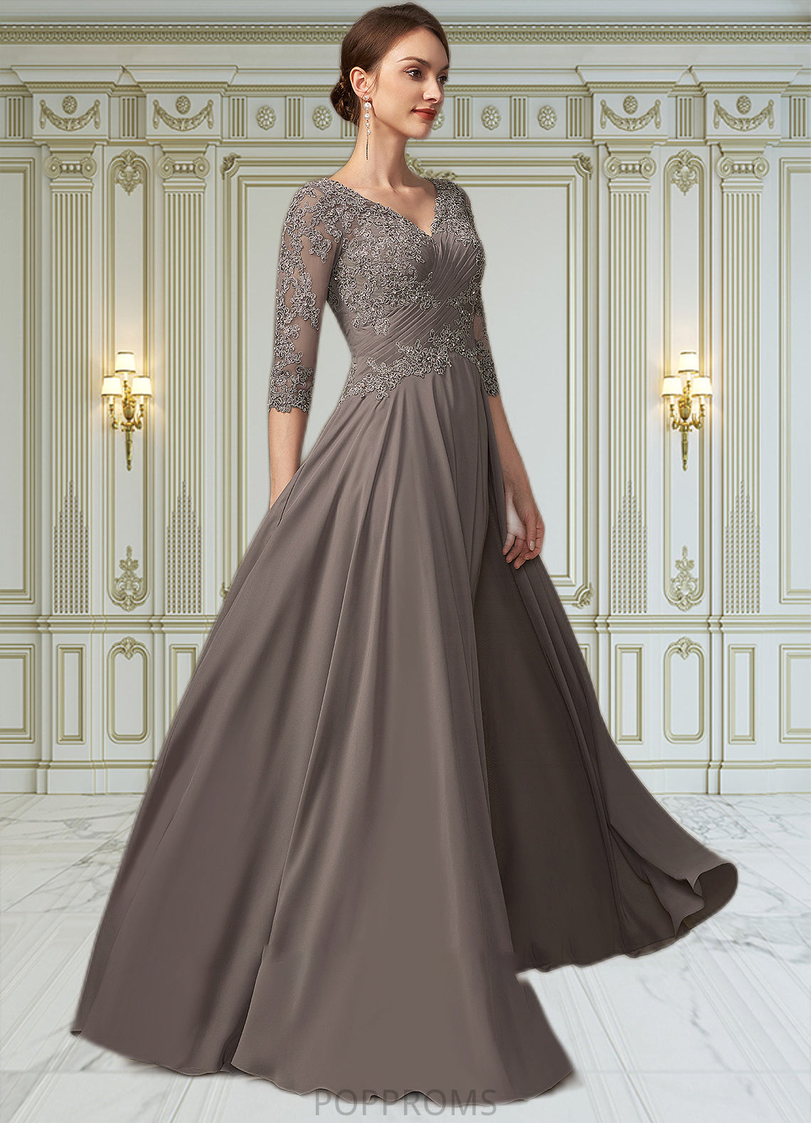 Eliza A-Line V-neck Floor-Length Chiffon Lace Mother of the Bride Dress With Beading Sequins PP6126P0014876