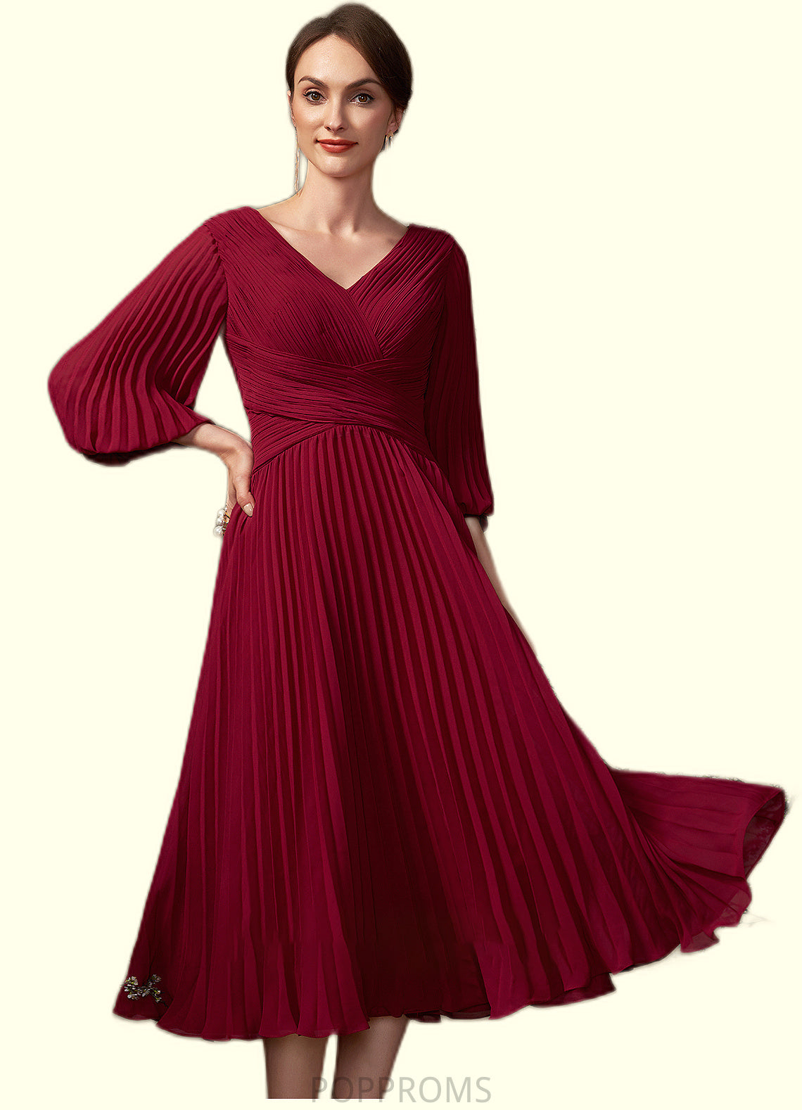 Maryjane A-Line V-neck Tea-Length Chiffon Mother of the Bride Dress With Pleated PP6126P0014878