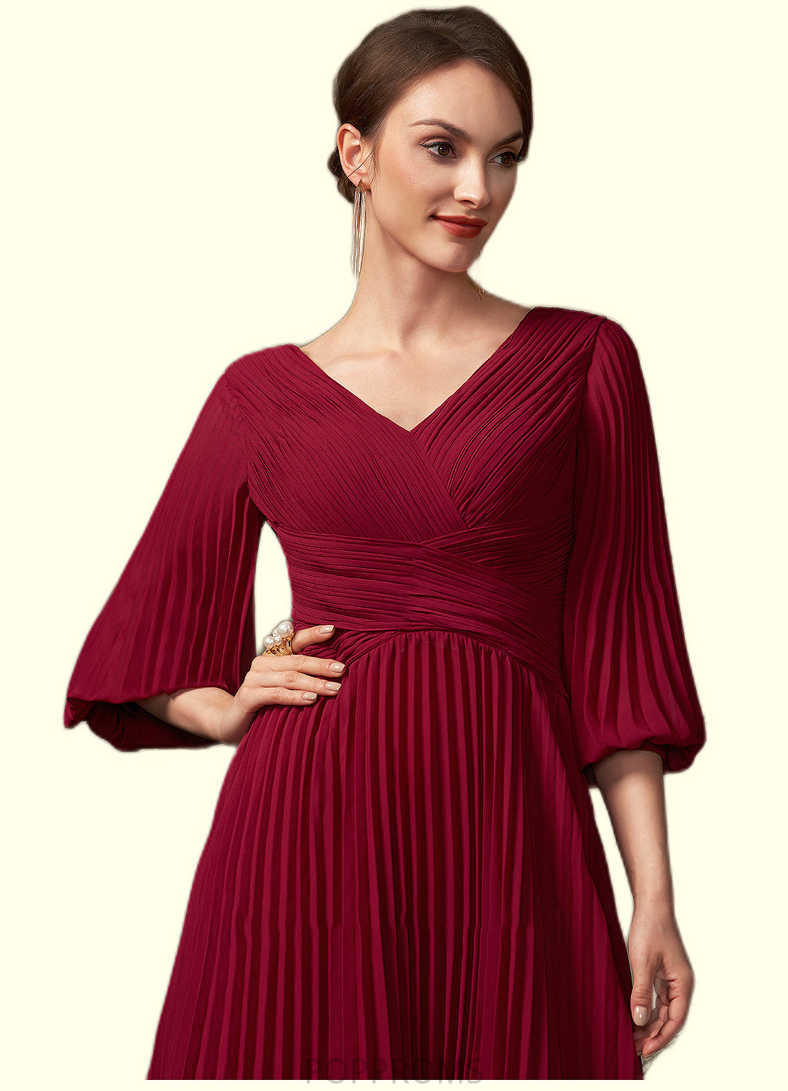 Maryjane A-Line V-neck Tea-Length Chiffon Mother of the Bride Dress With Pleated PP6126P0014878