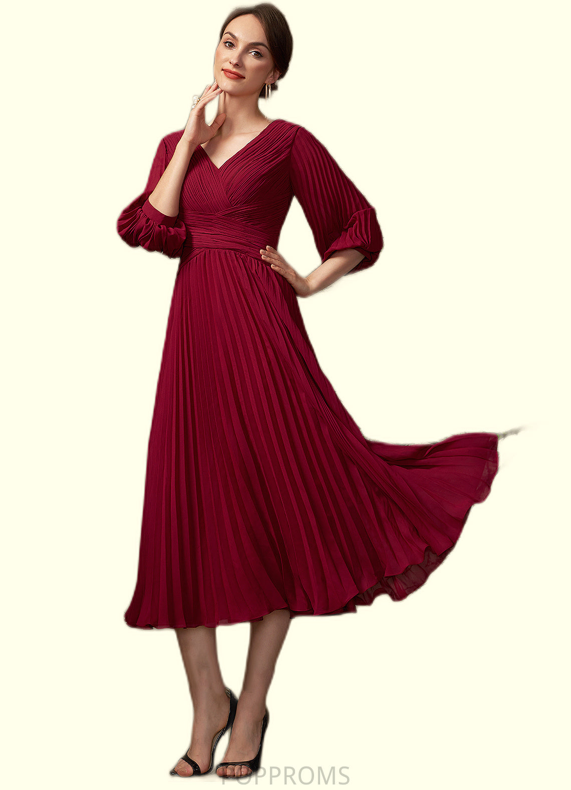 Maryjane A-Line V-neck Tea-Length Chiffon Mother of the Bride Dress With Pleated PP6126P0014878